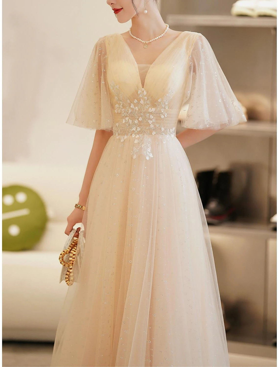 Vestidos de fiesta de corte A, elegantes, para invitadas de boda, para graduación, hasta el suelo, media manga, escote en V, satén con apliques de cuentas.